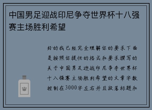 中国男足迎战印尼争夺世界杯十八强赛主场胜利希望