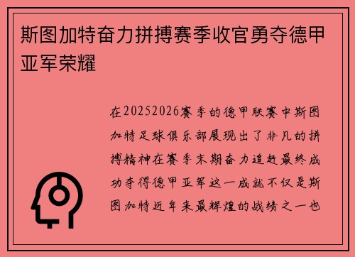 斯图加特奋力拼搏赛季收官勇夺德甲亚军荣耀