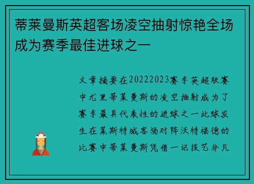 蒂莱曼斯英超客场凌空抽射惊艳全场成为赛季最佳进球之一